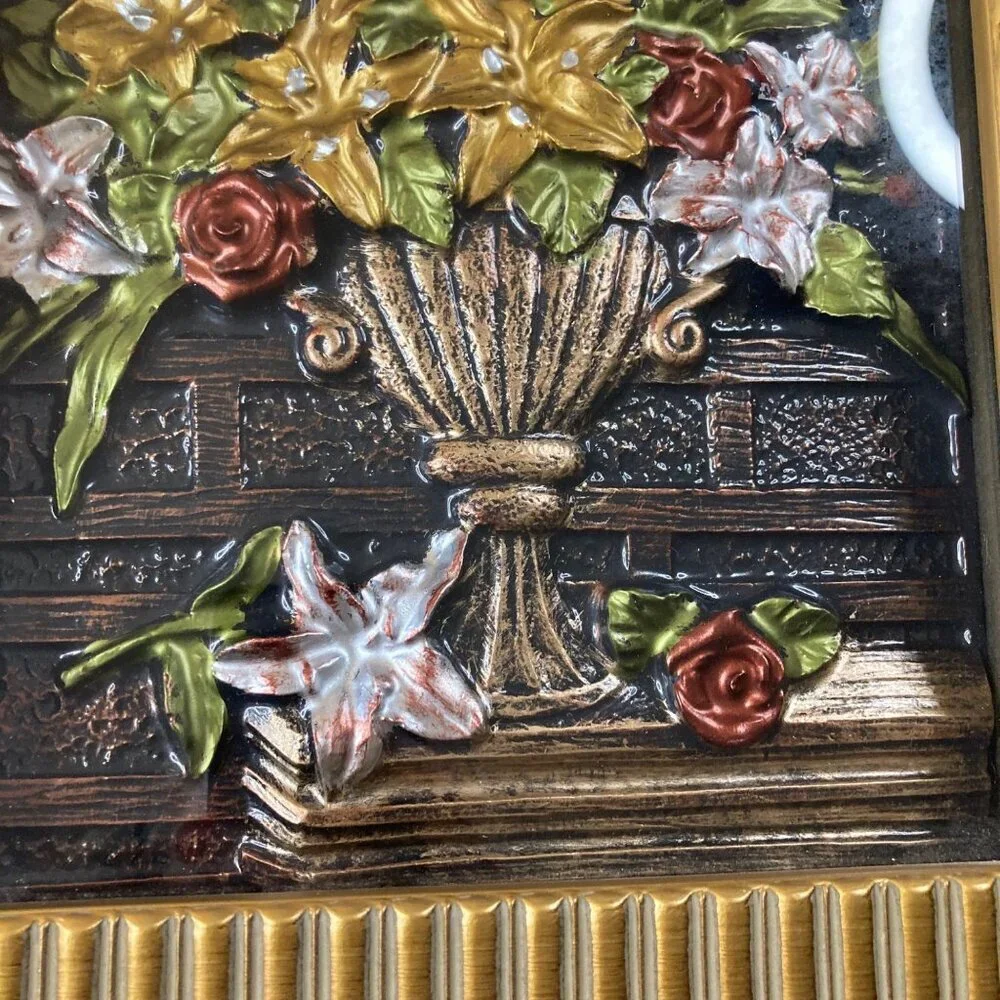 3D Tin Flowers Vase Inlay Picture‎ Shadow Box Chalkware Frame 10 x 12